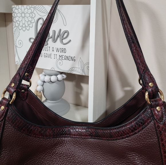 COACH Kristy Shoulder Bag Leather/ Snake-Embossed Brown Crimson Tote #C6830 - Picture 13 of 16